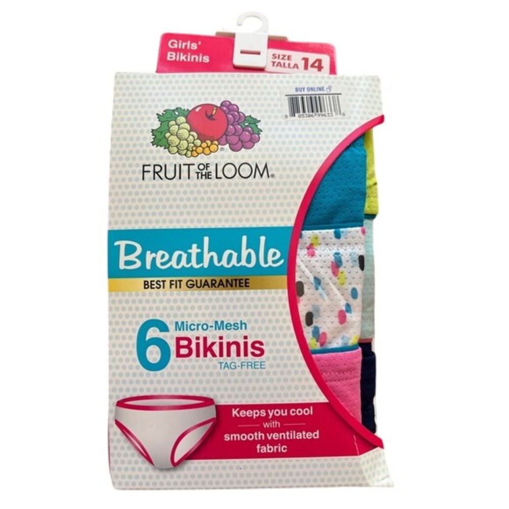NEW Fruit of the Loom Girls' Breathable Bikinis Micro-Mesh 6-Pack Size 14